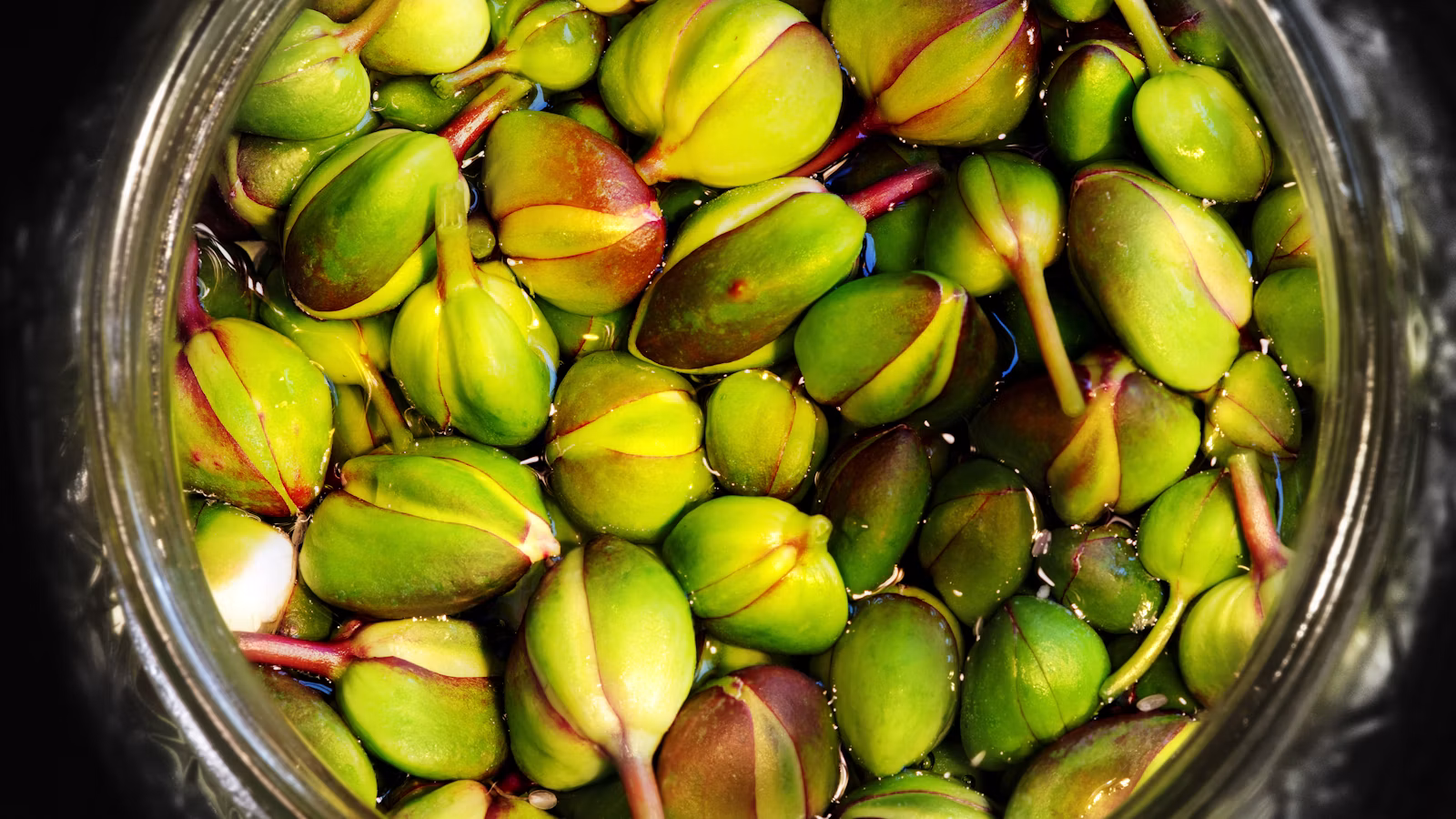 Alcaparrones verdes y rojizos en un recipiente con líquido