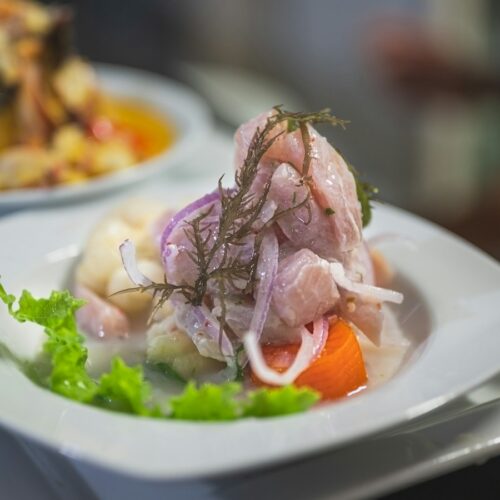 Plato de ceviche peruano con pescado y cebolla morada