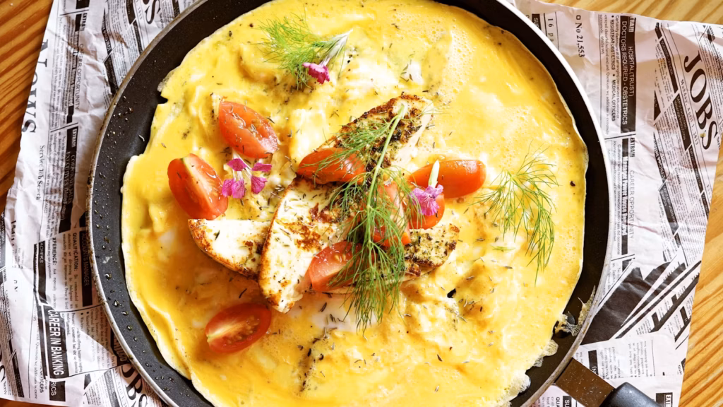 Omelette de queso y verduras servido caliente