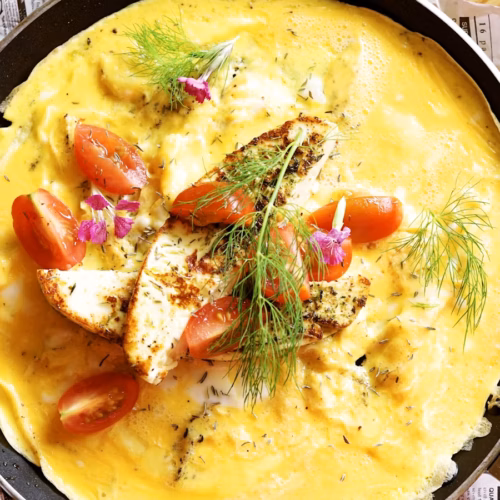 Omelette de queso y verduras servido caliente
