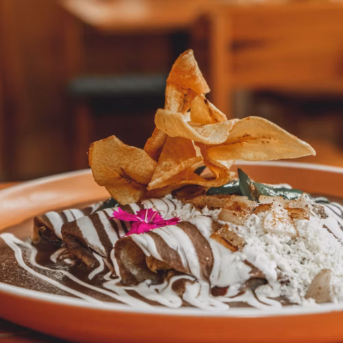 Plato mexicano servido con salsa oscura, crema y queso